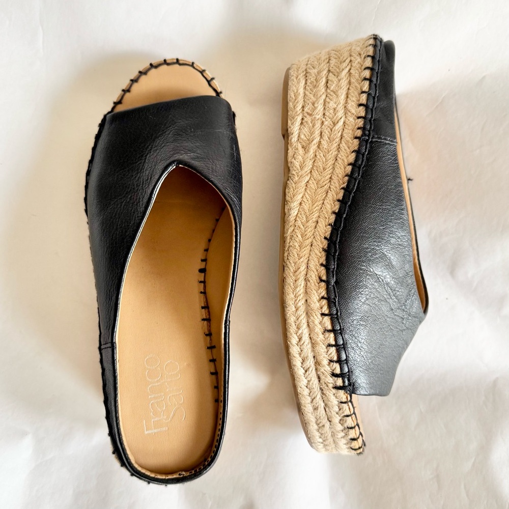 Franco Sarto Pine Espadrille Slip On Peep Toe Wedge Mules - Black Women's Size 6